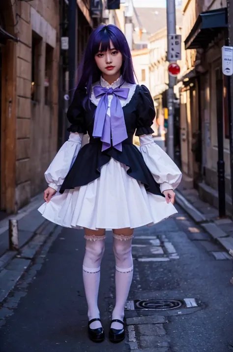 (masterpiece, best quality), 1girl, frederica bernkastel, purple eyes, purple hair, long hair, purple bow, dress, frills, white kneehighs,  kneehighs bow, mary janes, amazingly beautiful girl, 32k RAW photography, professional photoshoot, ultra detailed,