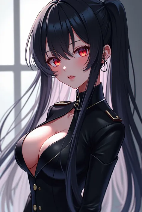 An anime girl with heterochromatic red and blue eyes ,  body with perfect curves,  white skin , black hair with silver highlights wearing a short black military uniform that highlighted her CURTs