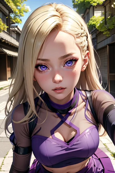 (masterpiece), best quality, expressive eyes, perfect face, 1 girl, solo, yamanaka ino, blonde hair, blue eyes, purple crop top very tight, purple skirt, mesh sleeves, , meshes, outdoors, natural lighting, portrait, looking at viewer, trying to seduce view...