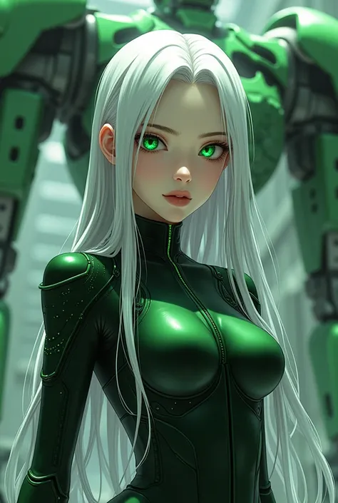  in a Matrix costume, Detailed illustration of a single girl in an Evangelion costume with a large robot mecha in the background ,  very detailed skin texture with male genitals inserted into pussy, Beautiful and highly detailed facial features,  intricate...