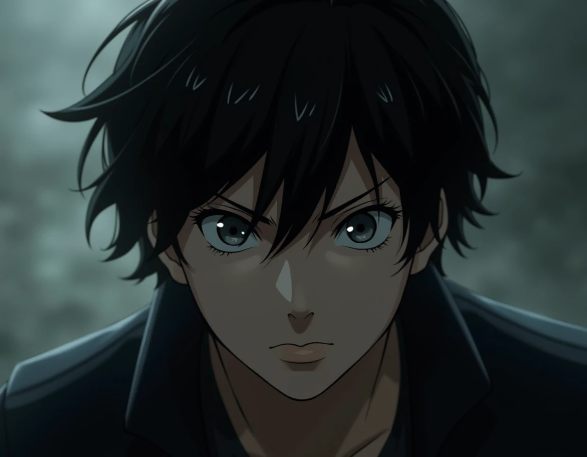 twenty-year-old boy with medium black hair with gray eyes with a defiant look