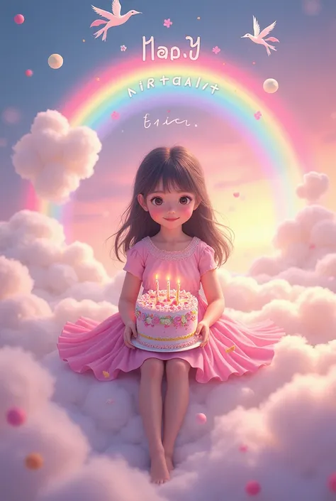 A dreamy scene ， A beautiful girl, Eunice, is sitting on a soft cloud， holding a bright and colorful birthday cake。Theres a rainbow in the sky 、 flying unicorns and twinkling stars 。 The colors of the picture are mainly soft pink ，Happy birthday ，Eunice！ w...