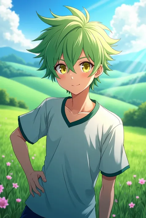 (work of art, Maximum quality, best qualityer, offcial art, beautiful and aesthetic:1.2) Inazuma Eleven Oc Boy Com Cabelo Verde Claro E Olhos Amarelos