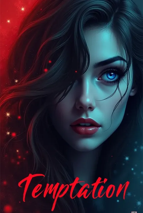 Creat a book cover Using the title is "Temptation" and my author name is "waffletaez" and the theme is a dark romance... The MMC is a mafia and a grumpy hot man and the FMC is a bold yet gorgeous woman... The FMC has a blue eye... The MMC is obsessed with ...