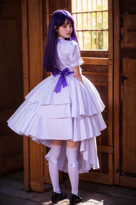 (masterpiece, best quality), 1girl, frederica bernkastel, purple eyes, purple hair, long hair, purple bow, dress, frills, white kneehighs,  kneehighs bow, mary janes, amazingly beautiful girl, 32k RAW photography, professional photoshoot, ultra detailed, f...