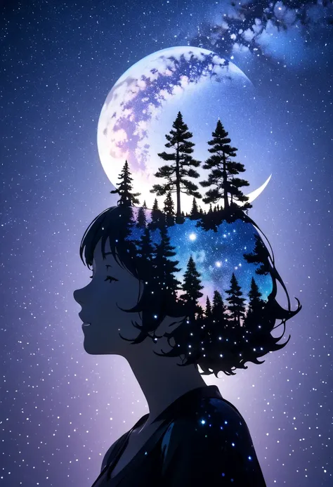  mate piece, silhouette, Milky Way, Orihimes, close-up, profile, monotony, moon, double exposure, Milky Way, pine trees decoration, depth of field, (holographic glow effect), from below, low angle shot, masterpiece,