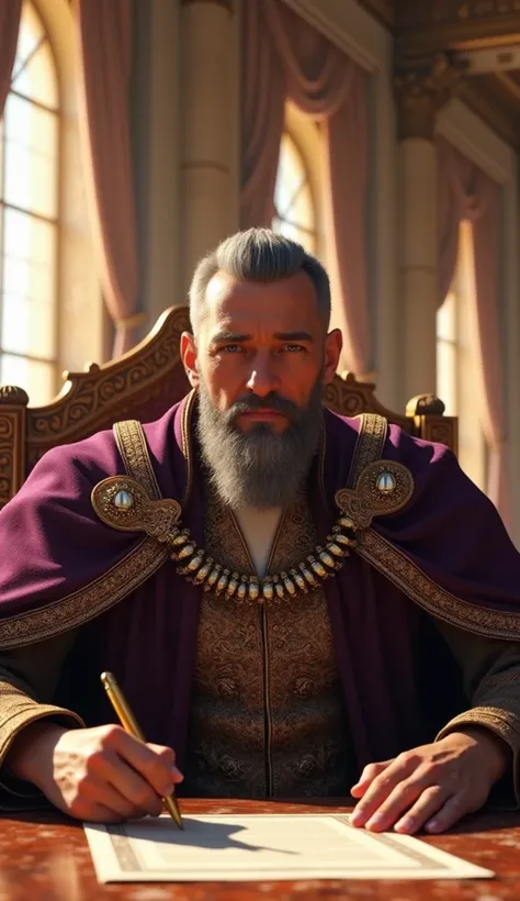 "Ultra-realistic character in a cinematic style. A king in his mid-50s with short, neatly groomed gray hair and a stately beard sits at a grand marble desk in an opulent throne room. He wears a regal purple robe with intricate gold embroidery, exuding auth...