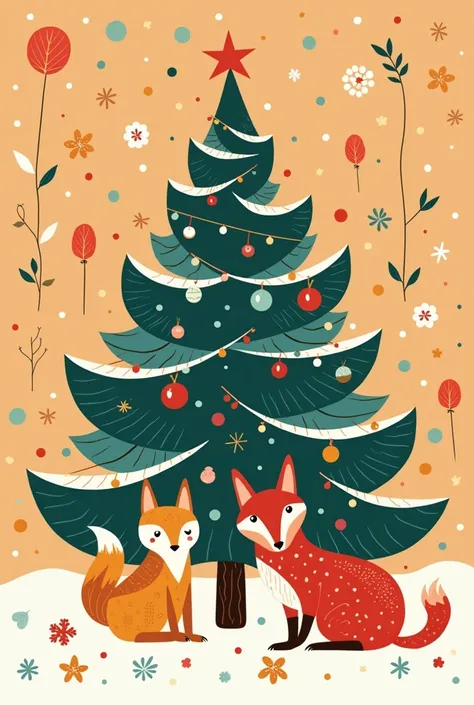 One    Christmas card design, (   Christmas:1.5), (   Simple Design   :0.5),  Christmasトツリーイラスト,  ( Scandinavian style:1), The background is cute too ,   create space to the extent that you dont feel lonely, There are also friends in the forest, Marimekko ...