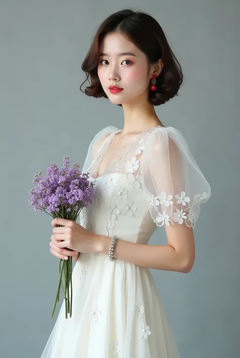 Super slim + fine skin + Japanese beauty + 1 girl,solo, adult, elegant posture, short wavy brown hair, neutral expression, looking straight, red cherry earrings, white lace dress, floral pattern, sheer puff sleeves, pearl-embellished collar, knee-length dr...