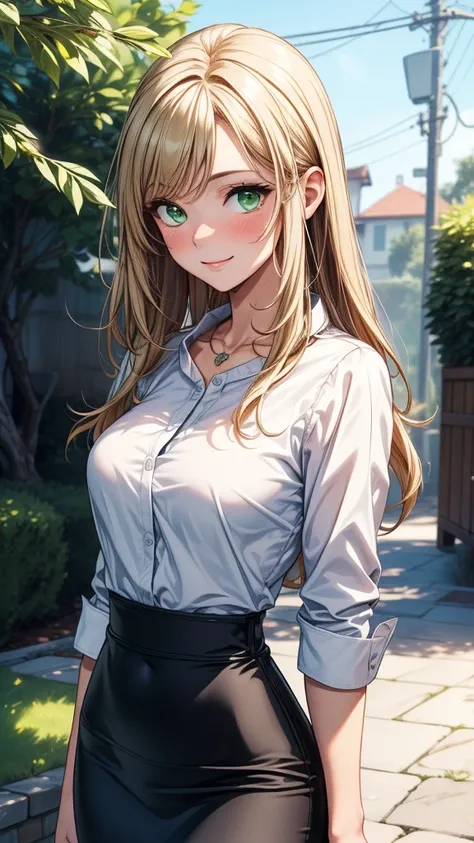 ((masterpiece, best quality:1.3, high detail)), beautiful woman, smile, long straight hair, (dark blonde hair), green eyes, (full-face blush), (white collar shirt sleeves rolled), baggy clothes, (long black midi pencil ((skirt))), collarbone, necklace, bac...