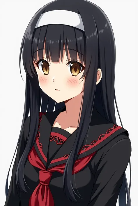 Long black straight haired girl, waist length, Square fringe, White headband, light brown eyes, black Seera fuku with Red lace in Anime style. 