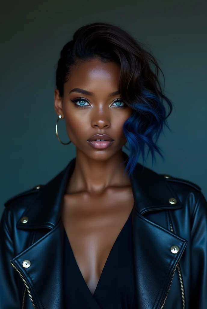  A young black woman in a black dress and a dark blue leather jacket,  dark blue eyes ,  short hair, brown with blue tips 