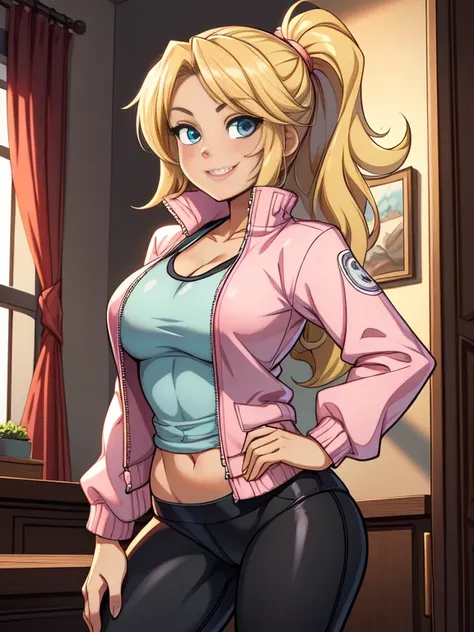 (best quality:1.3), (4K quality),masterpiece, best quality, high res, detailed, (Detailed face:1.2), (Detailed eyes:1.2), (Perfect figure:1.2), CARTOON, ANIME, CARTOON ARTSTYLE, 1girl, solo, wavy blonde hair, blue eyes, beautiful face. Shes a college soror...