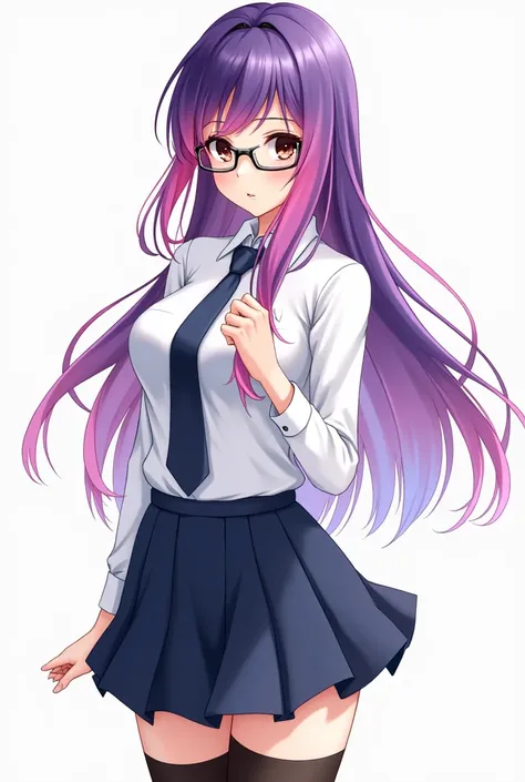 purple and pink hair,long tie hair,dark brown eyes,black glasses,white school uniform,dark blue tie,dark blue short skirt,long black shocks,anime, beautiful 