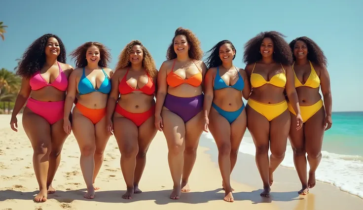 A group of BBW women walking together, each wearing bikini outfits in a different vibrant color, symbolizing diversity and individuality.