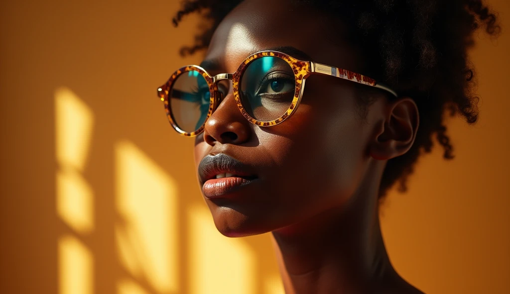 JEUNE CLIENTE AFRICAINE QUI PORTE DE LUNETTE DE VUE DANS UNE LUNETTERIE ASSISE SUR UNE CHAISE QUI EST TRES HEUREUSE DE RECUPERE SES NOUVELLES PAIRES DE LUNETTES TENDUE PAR UN OPTICIEN EN FACE DELLE DE LAUTRE COTE DUN BUREAU