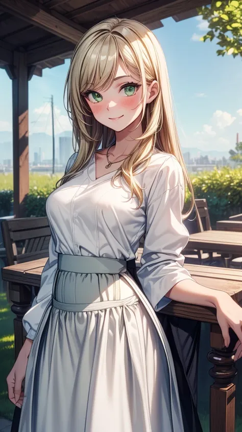 ((masterpiece, best quality:1.3, high detail)), beautiful woman, smile, long straight hair, (dark blonde hair), green eyes, (full-face blush), (white collar shirt sleeves rolled), baggy clothes, (long black midi pencil ((skirt))), ((long skirt:1.8)), colla...