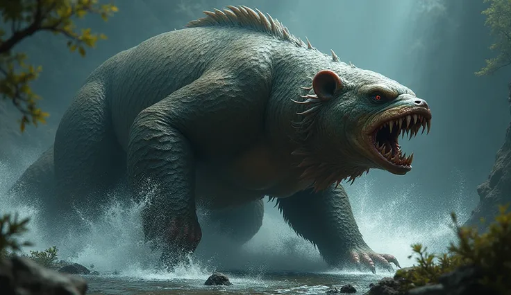 create an image,A terrifying creature,Bear fish fusion ,make it action roaring make it realistic