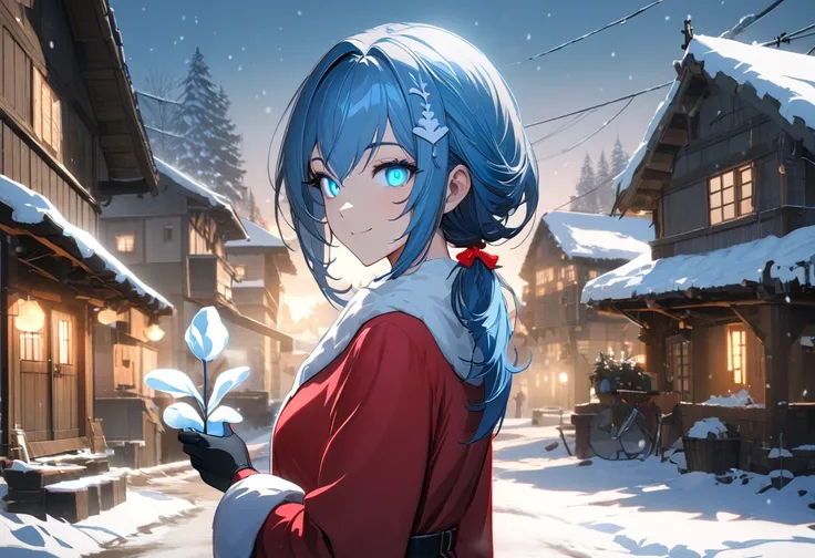 quality, semi-realistic anime, masterpiece, best quality, detailed picture, HD32k, outdoors, village, morning, snow, snow drop, 1girl, blue eyes, glowing eyes, blue hair, ponytail hairstyle, santa outfit, looking at viewers, from back, smile, holding snow,...