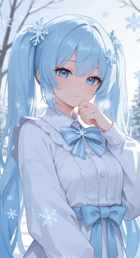 masterpiece,best quality,amazing quality,very aesthetic,absurdres,newest,1girl,yuki miku,snowflake,snowflake hair ornament,snowflake print,snowflakes,striped bow,twintails,upper body,long hair, masterpiece,best quality,amazing quality,very aesthetic,absurd...