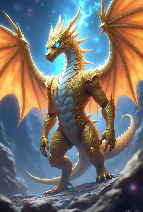 A powerful dragon-type monster with a majestic and imposing appearance. It has a sleek, streamlined body covered in a brilliant, golden-white armor. Its eyes are a piercing blue, and it possesses a pair of large, translucent wings that shimmer with an ethe...