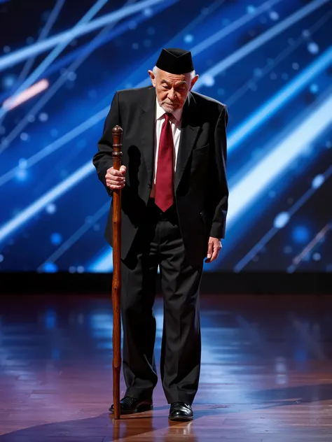 portrait of an old grandfather, hunched over, wearing a wooden stick, wearing a black prayer cap, black suit, white shirt, red tie, black shoes, he poses standing, american got talent stage studio background, screen with blue and white line animation, tale...