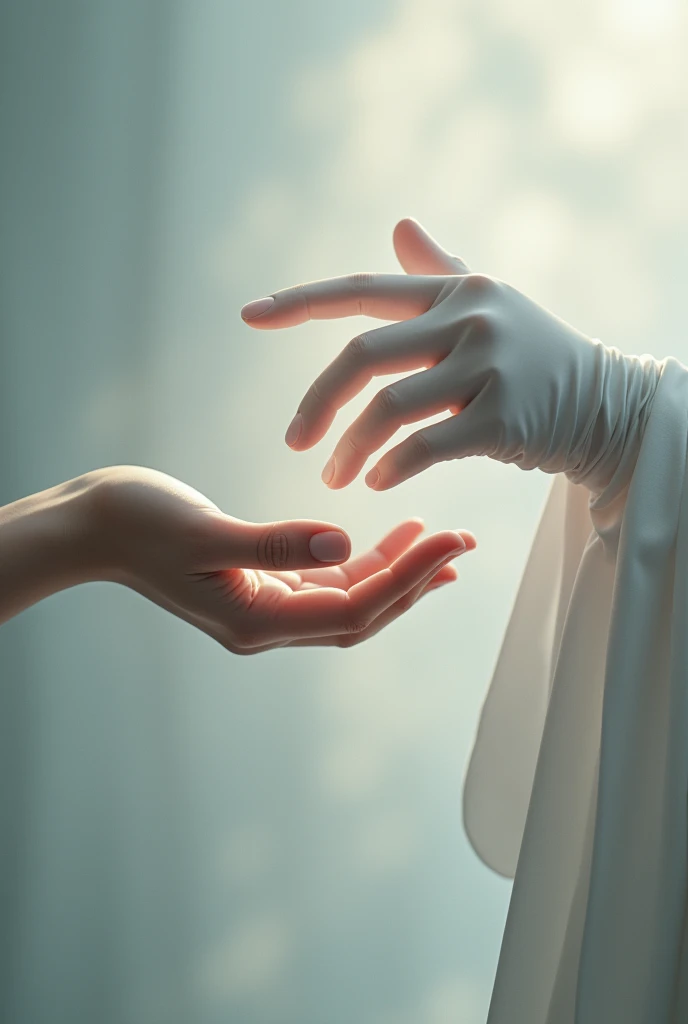 It shows two hands reaching out to touch each other—one hand appears to be in a white glove, and the other is bare. The setting seems ethereal, with soft lighting in the background.