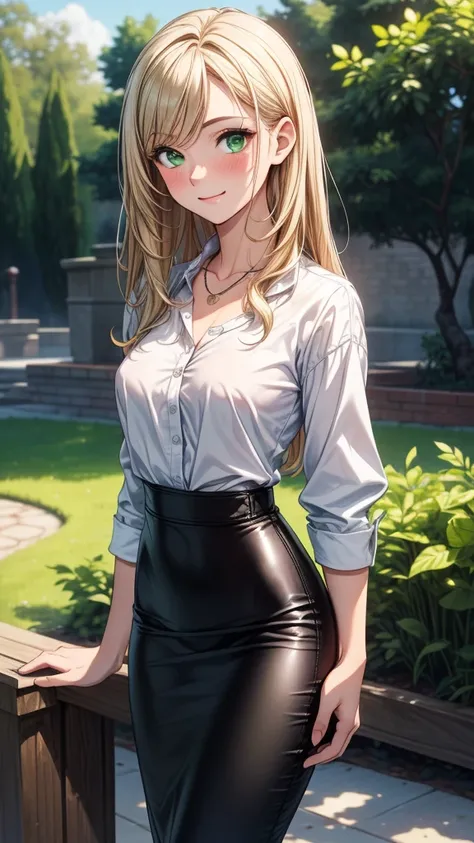 ((masterpiece, best quality:1.3, high detail)), beautiful woman, smile, long straight hair, (dark blonde hair), green eyes, (full-face blush), (white collar shirt sleeves rolled), baggy clothes, (long black midi pencil ((skirt))), collarbone, necklace, bac...