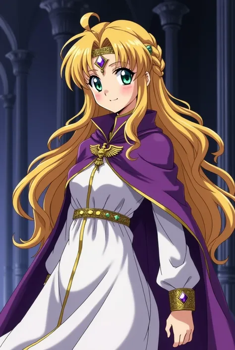 masterpiece, best quality, 90s anime style, 1girl, solo, girl focus, looking at viewer, blonde hair, green left eye, violet right eye, heterochromia, Glamorous Hairstyle with Elegance, super long hair, sinister smile with teeth, darkness violet ambient, Bl...