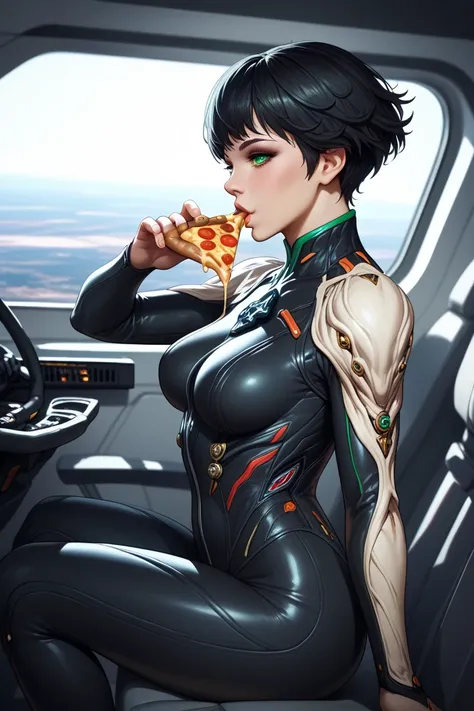 (masterpiece), perfect face, expressive eyes, detailed eyes, female, adult, beautiful woman, spaceship interior, black hair, mint-green eyes, short hair, fluffy hair, black bodysuit, skin-tight spandex, funny expression, black eyeshadows, white lights on s...