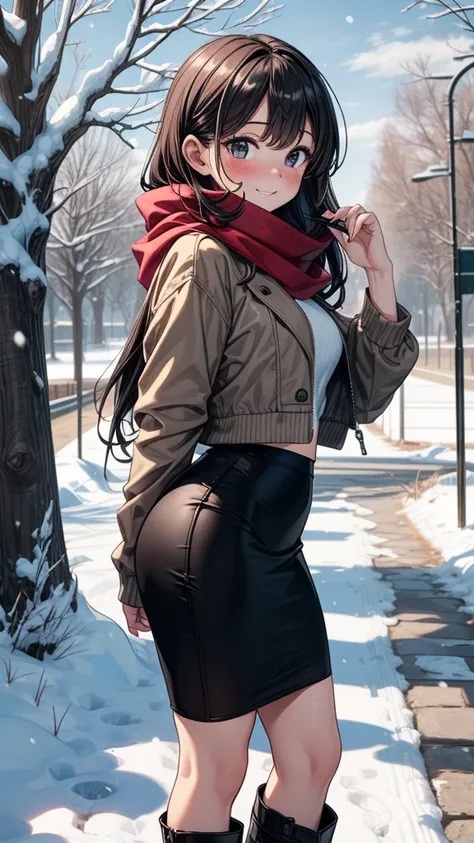 ((masterpiece, best quality:1.3, high detail)), beautiful woman, smile, hands up, looking at viewer, long hair, (brown hair), solo focus, one person only, full-face blush, (brown jacket, white sweatshirt, red scarf, (long black pencil (((skirt)))), (((long...