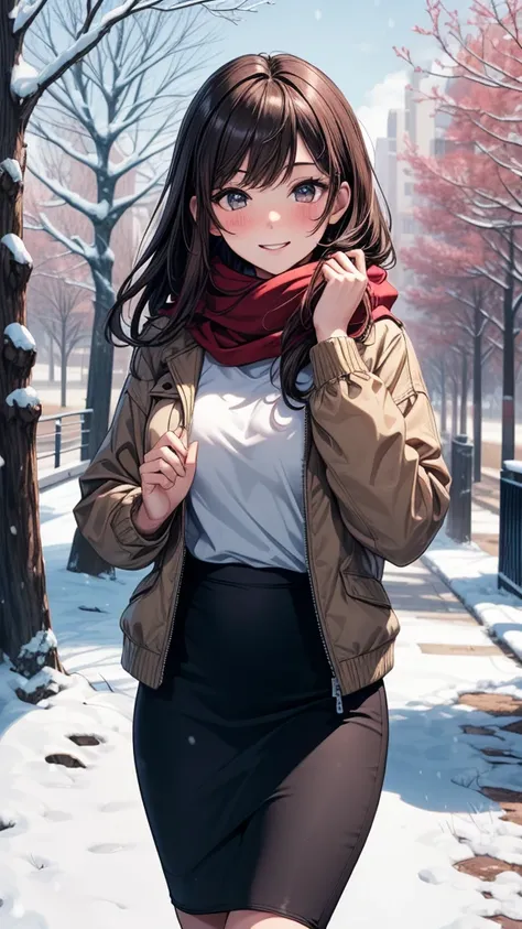 ((masterpiece, best quality:1.3, high detail)), beautiful woman, smile, hands up, looking at viewer, long hair, (brown hair), solo focus, one person only, full-face blush, (brown jacket, white sweatshirt, red scarf, (long black pencil (((skirt)))), (((long...