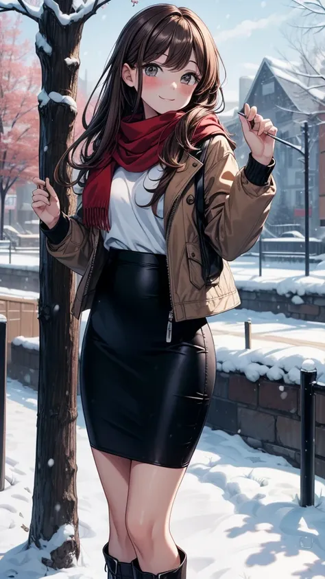 ((masterpiece, best quality:1.3, high detail)), beautiful woman, smile, hands up, looking at viewer, long hair, (brown hair), solo focus, one person only, full-face blush, (brown jacket, white sweatshirt, red scarf, (long black pencil (((skirt)))), (((long...