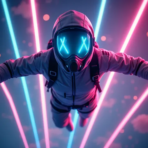 animated futuristic skydiver with mask and neon lights falling looking at the viewer with neon lights and in the background the sky with neon lightso, doble exposición, por yukisakura, impresionante color completo