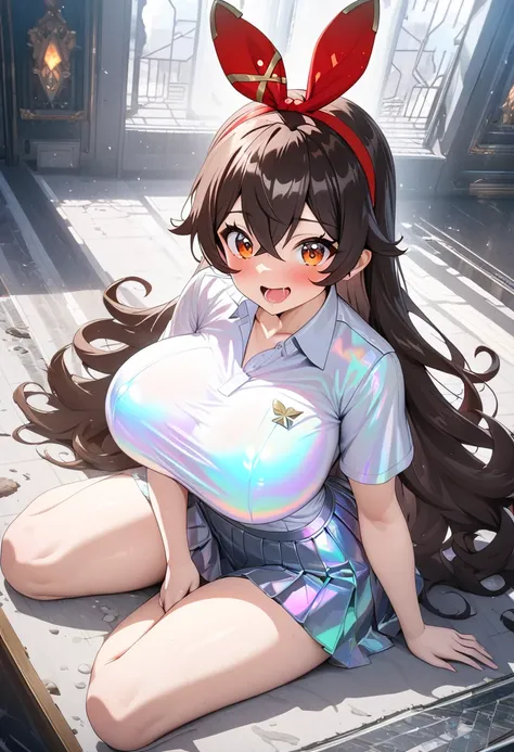 8k, masterpiece, best quality, ultra detailed, Ultra-high resolution, Highly detailed CG, break, 1girl, amber(genshin impact), kawaii, nsfw, huge breasts, slender, (Iridescent Fluorescent school uniform:1.2), full body, indoors, sitting on sofa
