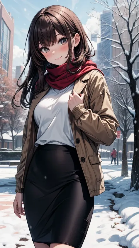 ((masterpiece, best quality:1.3, high detail)), beautiful woman, smile, hands up, leg up, looking at viewer, long hair, (brown hair), solo focus, one person only, full-face blush, (brown jacket, white sweatshirt, red scarf, (long black pencil (((skirt)))),...