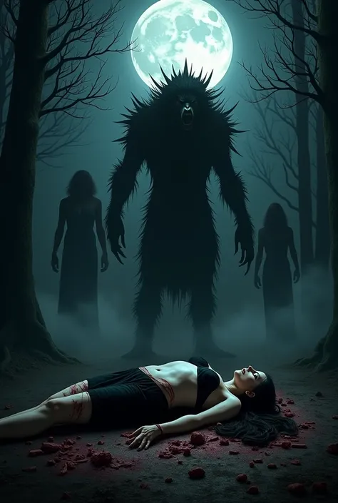 The woman lying lifeless in the clearing, her body torn apart, with the creature standing above her, framed by the full moon and the silent, watching figures. Wearing a black bra with long black skirt in the forest at midnight 