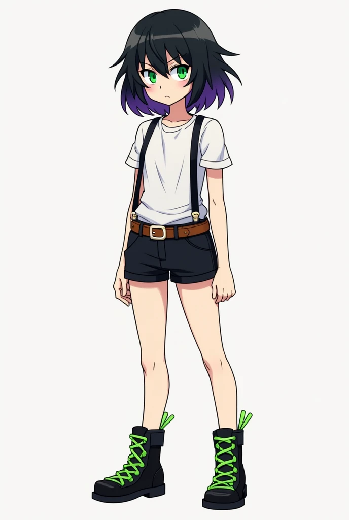  The drawing style is from Boku No Hero Academia ,  she is a tall girl about 1 .Approximately 75 CM ,  she has black hair with purple tips , He has a fringe ,  her eyes are bright neon green ,  she wears a short sleeve white shirt ,  she wears black shorts...