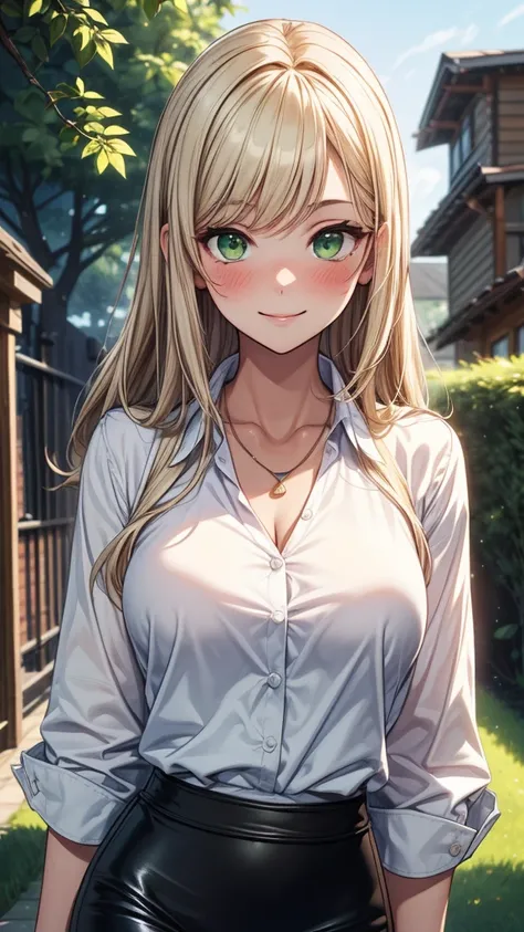 ((masterpiece, best quality:1.3, high detail)), beautiful woman, smile, long straight hair, (dark blonde hair), green eyes, (full-face blush), (white collar shirt sleeves rolled), baggy clothes, (long black midi pencil ((skirt))), collarbone, necklace, bac...