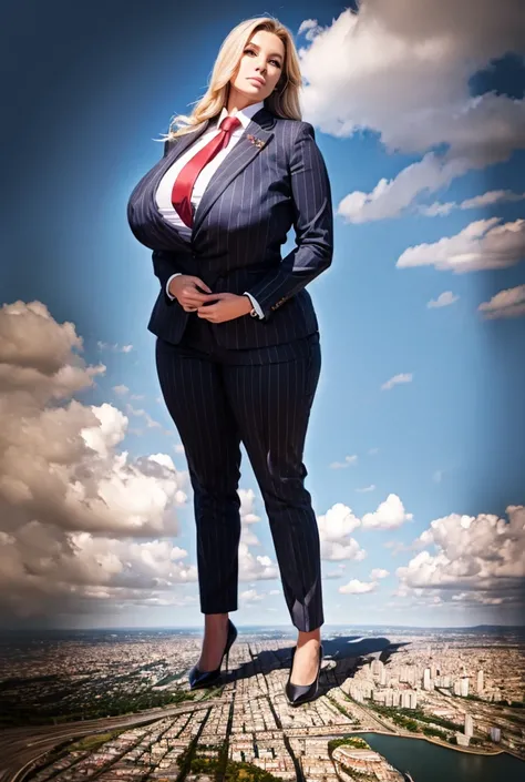 Looking up at the approaching young giantess, Giantess art, 500 miles tall giga giantess, young sophisticated and stylish woman in a light grey italian pinstriped trouser suit, form fitting crisp office shirt, and a large wide yellow necktie in a windsor k...