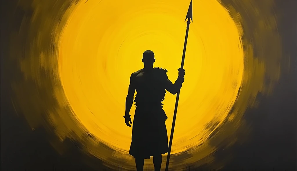 A dark-skinned adult male figure, positioned slightly off-center to the right of the image, is depicted in silhouette against a large, radiant yellow circle. The figure, which appears to be a warrior, is holding a spear, and is seen from the mid-section, i...