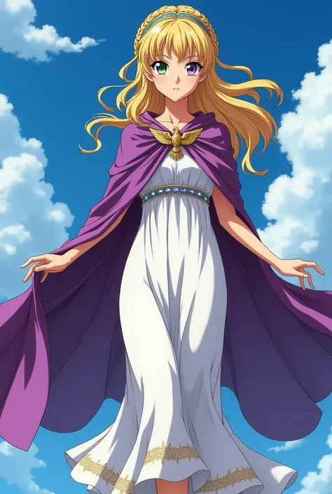 masterpiece, best quality, 90s anime style, 1woman, solo, woman focus, looking at viewer, blonde hair, green left eye, violet right eye, heterochromia, she wore a white linen stola, finely pleated and adorned with gold thread embroidery around the edge. Th...