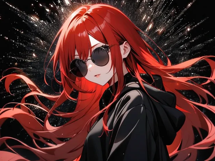 girl red hair long hair black eyes round sunglasses hoodie background black glitter effect glitter effect, 