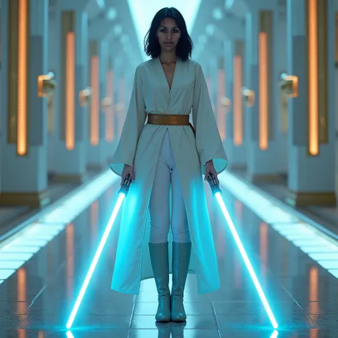  Use this image and create a woman with the same face . (( realistic )) With short shoulder-length hair and black in color. de labios rojos.  Wear white and cyan Jedi tunics .  Wear white leggings. Wear knee-high boots in cyan .  He wears a single-blade bl...