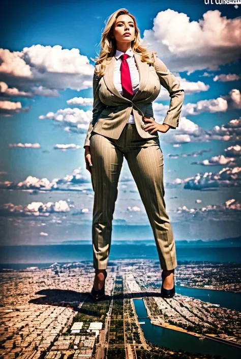 Looking up at the approaching young giantess, Giantess art, 500 miles tall giga giantess, young sophisticated and stylish woman in a light grey italian pinstriped trouser suit, form fitting crisp office shirt, and a large wide yellow necktie in a windsor k...