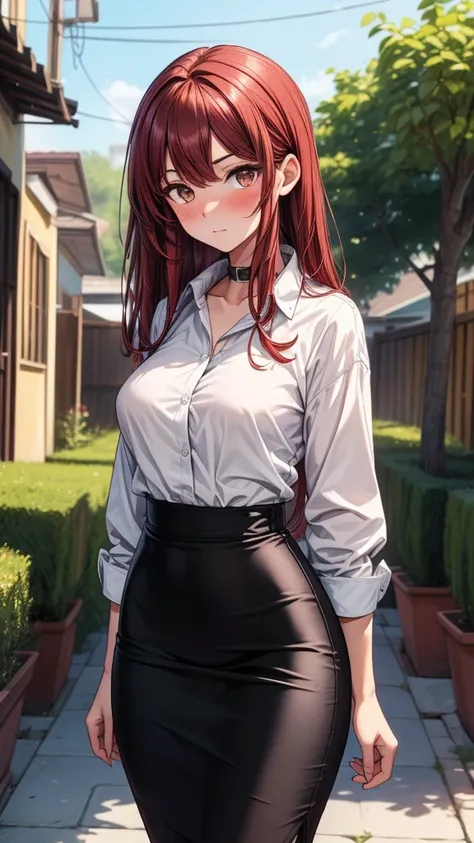 ((masterpiece, best quality:1.3, high detail)), beautiful woman, long straight hair, (dark red hair), brown eyes, (full-face blush), (white collar shirt), baggy clothes, (long black midi pencil ((skirt))), collarbone, backyard, summer, (lower body), 