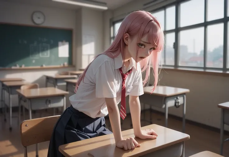 Japanese girl. Small breasts. Pink hair. A classroom. A restrained body. A body with many electrodes connected to it.  Tears . Raped by many classmates 