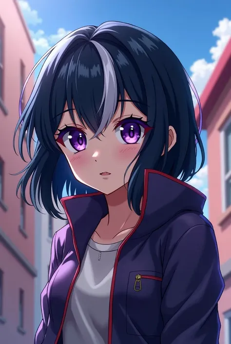 Create a girl from My Hero Academia
That she has dark blue hair but with a white lock and purple eyes in the anime style My Hero Academia