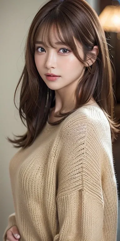 (8k、 Photorealistic、 RAW photos 、 top quality : 1.4)、( 1 girl)、 beautiful faces、( vibrant face )、( light brown hair:1.5)、( medium hair)、 beautiful hairstyle 、（  has bangs on one side and one eye is hidden：1.5）、 realistic brown eyes wrapping sheets around t...