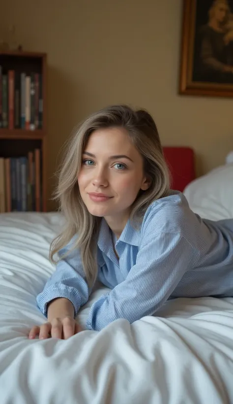 Créer un portrait très réaliste dune femme allongée confortablement sur un lit, relevée légèrement sur le côté. Ses cheveux gris argent sont lisses et tombent naturellement sur ses épaules. elle a des yeux bleus brillants, sourcils épais, et un maquillage ...